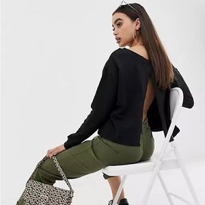 NWT Asos Design Off Shoulder Boxy Sweatshirt With Split Back in Black, Size 6